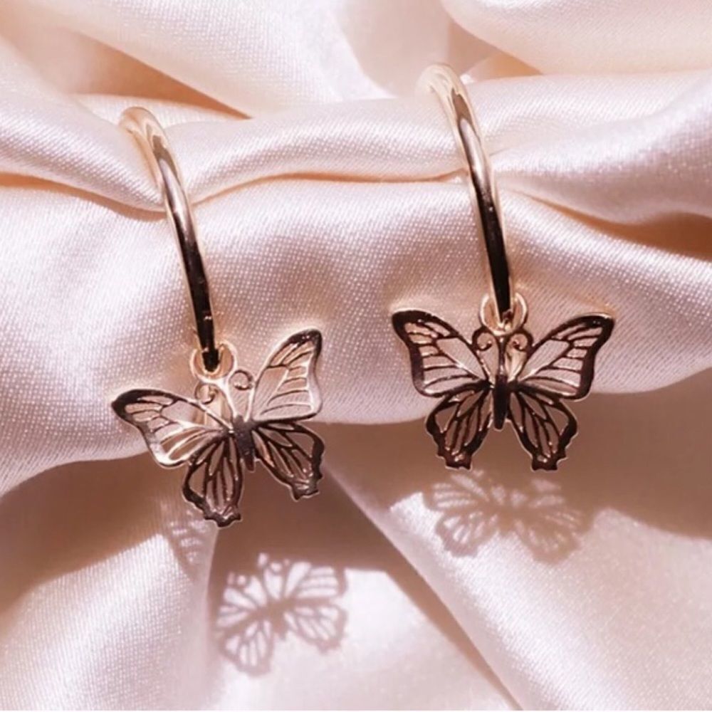 A162 14K ROSE GOLD PLATED BUTTERFLY DROP HOOP EARRINGS - Picture 2 of 6